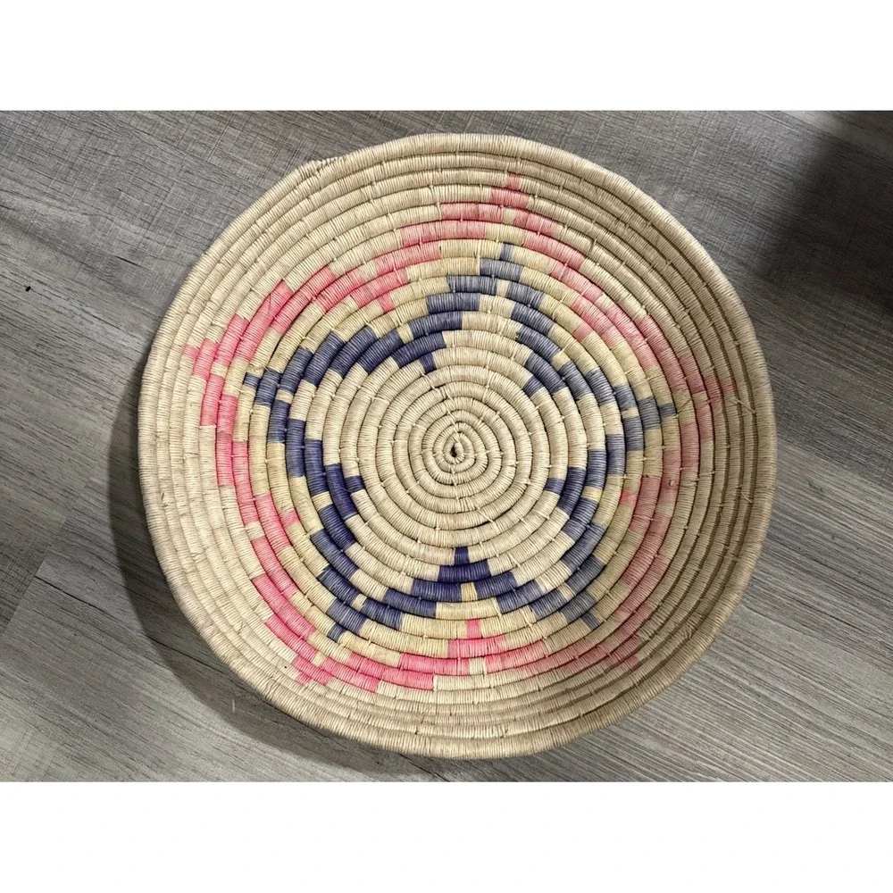 Handmade Woven African Coiled Basket Wall Decor Pink Blue Star Petal Boho